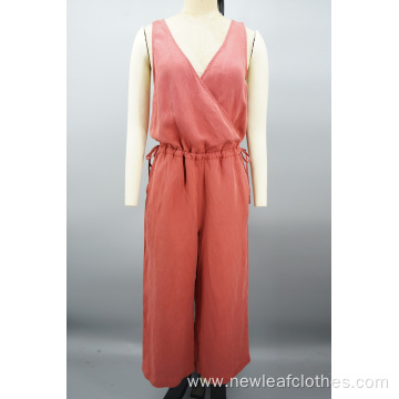 Women Casual V-neck Wide Leg Sleeveless Wrap Jumpsuit